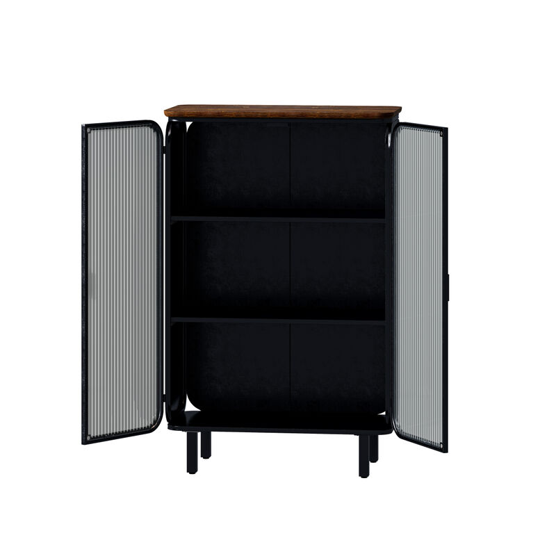 28.35" Glass Doors Modern Two-door Cabinet with Featuring Three-tier Storage, Unique For Cabinet Top, for Entryway, Living Room, Home Office, Dining Room