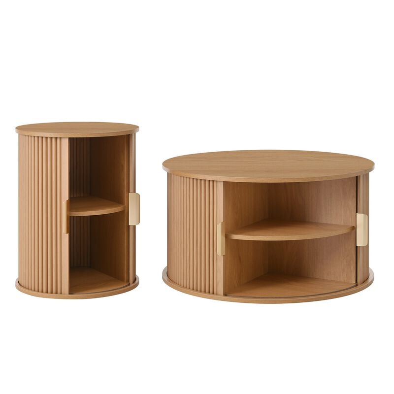 Mid Century Coffee Table Set with Sliding Tambour Door Fluted Round End Table with Storage image number 9