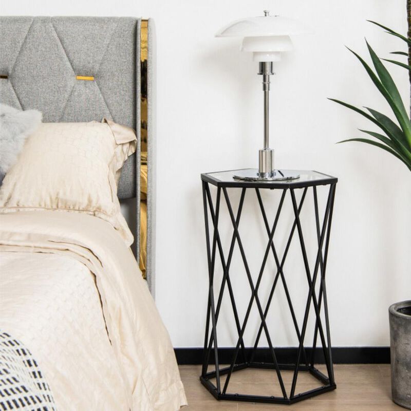 Hivvago Hexagonal Accent End Table with Tempered Glass Top and Metal Frame