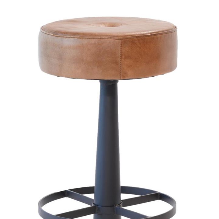 Counter Stool, Brown Goat Leather, Round Footrest, Black Iron Pedestal
