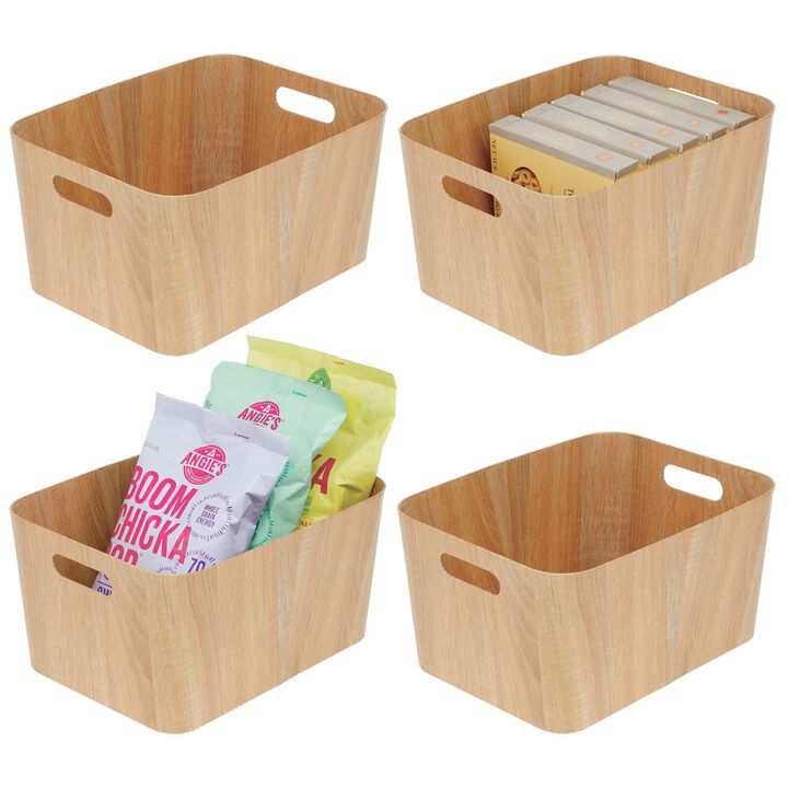 mDesign Wood Print 16" Long Kitchen Bin Box w/ Handles - 4 Pack - Natural