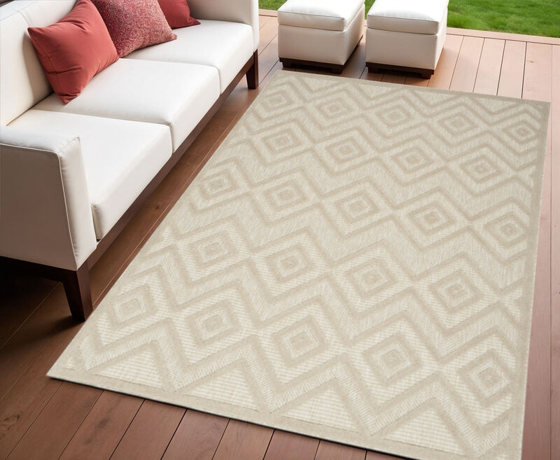HomeRoots 4' X 6' Cream And Beige Geometric Indoor Outdoor Area Rug image number 1