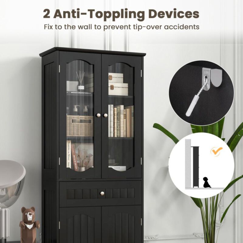 Hivvago Tall Bathroom Storage Cabinet with 2 Glass Doors and Adjustable Shelves Drawer
