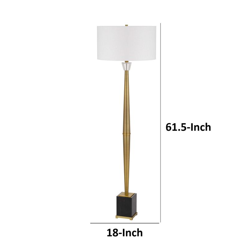 62 Inch Floor Lamp with White Drum Shade, Marble Base, Crystal, Brass - Benzara