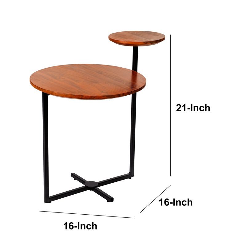 Geo Collection 21 Inch Round Acacia Wood Accent End Table with 2 Tier Tabletops, Brown, Black-Benzara