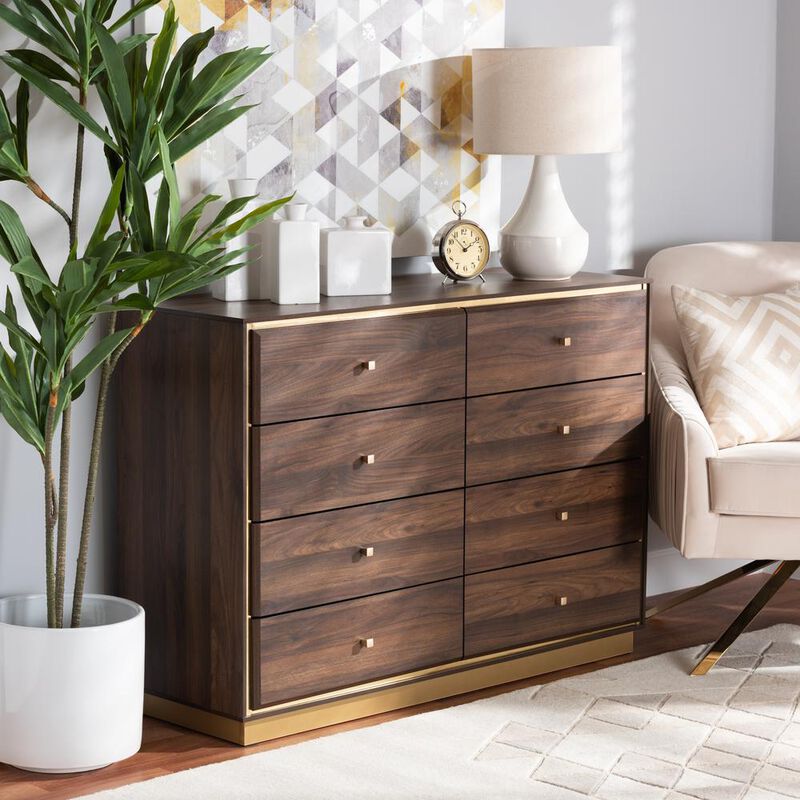 Baxton Studio Walnut Brown Finished Wood and Gold Metal 8-Drawer Dresser