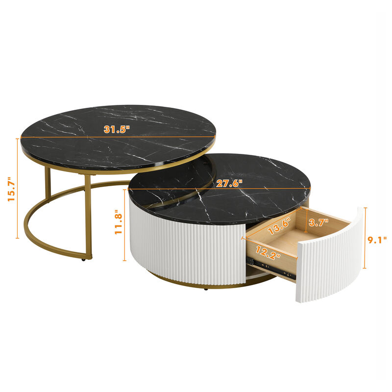 Merax Modern Round Nesting Coffee Table Fluted with Drawer