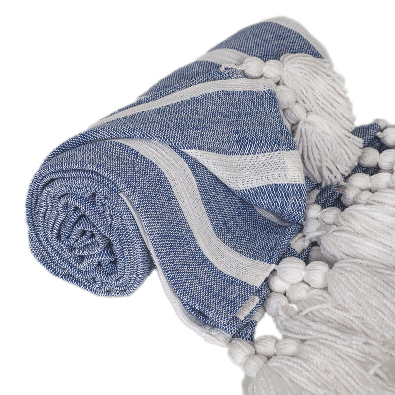 HomeRoots 50" X 60" Blue and White Woven Cotton Striped Throw Blanket with Tassels image number 2