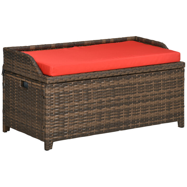 Outsunny Patio Wicker Storage Bench, Cushioned Outdoor PE Rattan Patio Furniture, Air Strut Assisted Easy Open, Two-In-One Seat Box with Handles Seat, Red