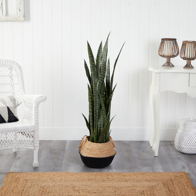 Hivvago 46" Sansevieria Artificial Plant in Boho Chic Handmade Cotton & Jute White Woven Planter