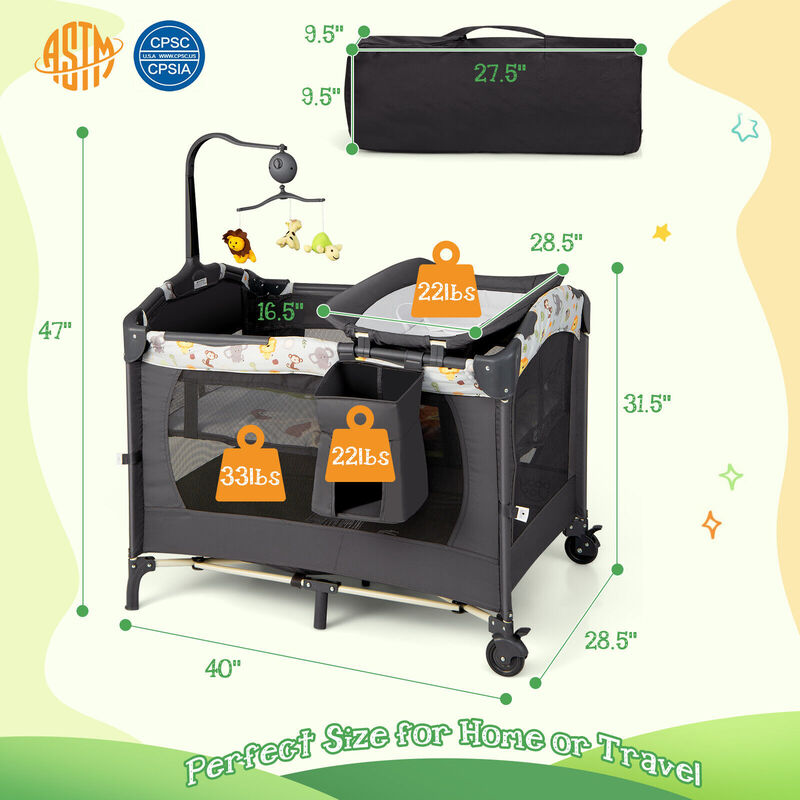 3-in-1 Convertible Portable Baby Playard with Music Box and Wheel and Brakes