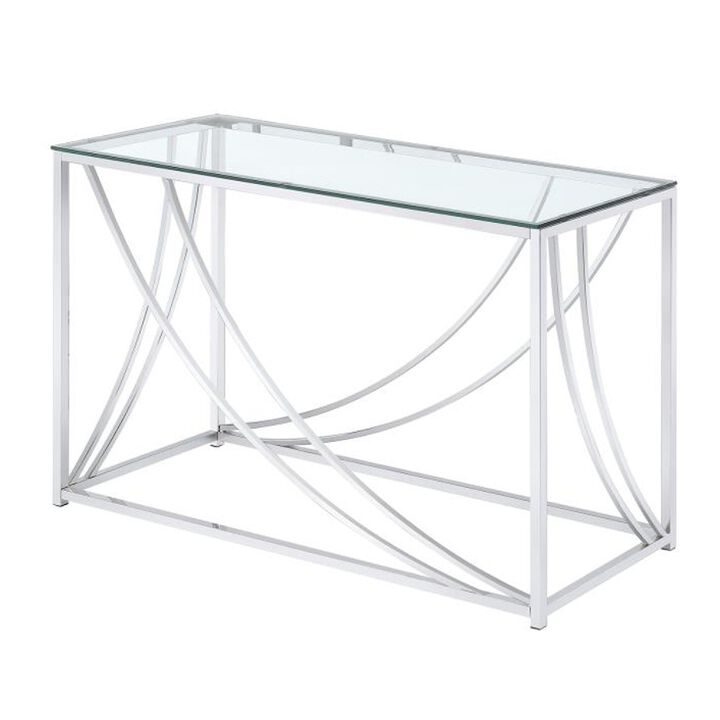 Glass Top Rectangular Sofa Table with Swooping  Curves, Clear and Silver