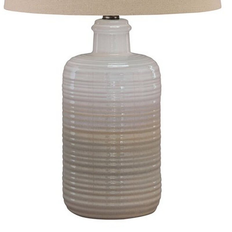 Ceramic Body Table Lamp with Brushed Details, Set of 2, Beige and White - Benzara