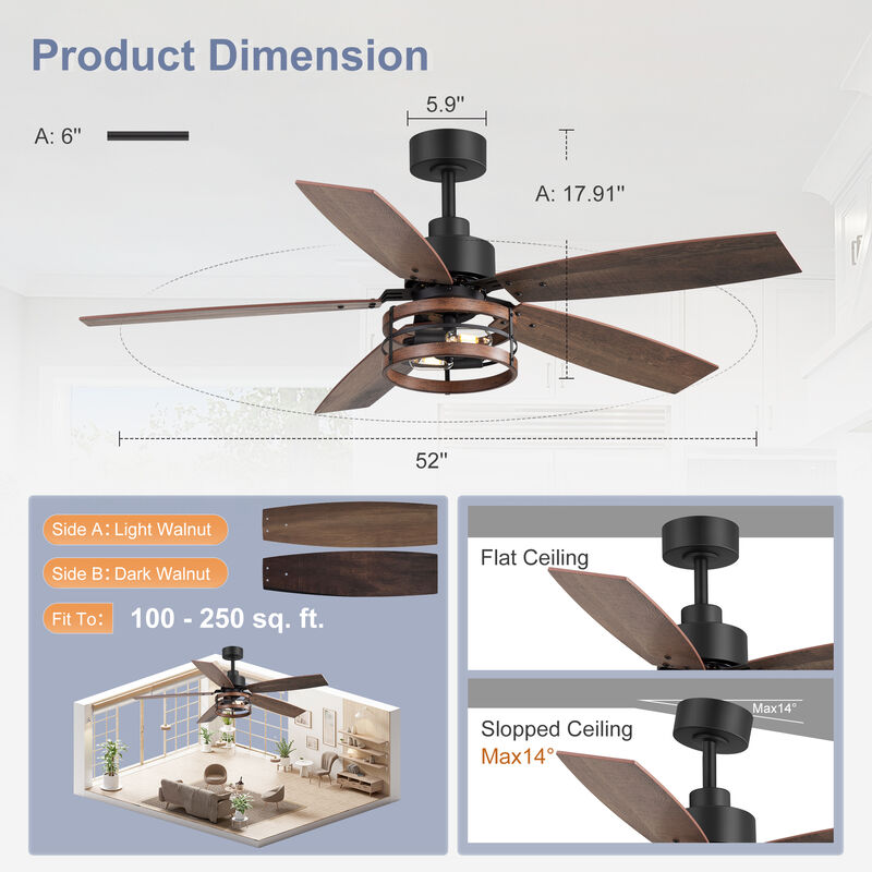 Breezary 52" Ceiling Fan with Light, 5 Plywood Blades, E26 2-Light, 6 Speeds, Remote Control image number 5
