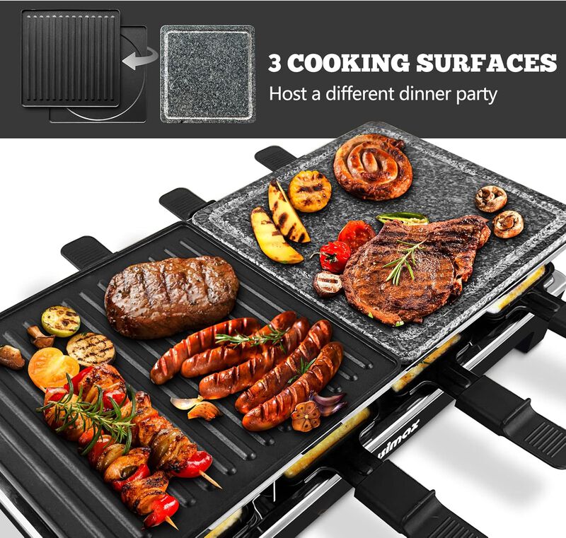 Cusimax Electric Raclette Table Grill, Portable Indoor BBQ Grill with 2 in 1 Reversible Non-stick Plate & Natural Grill Stone image number 3