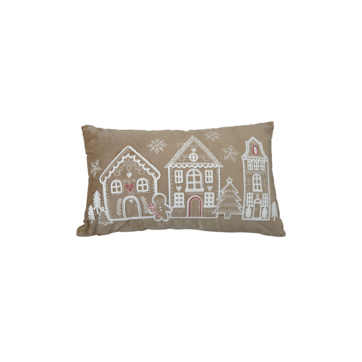Embroidered Velvet Pillow with Gingerbread Scene, Green & White