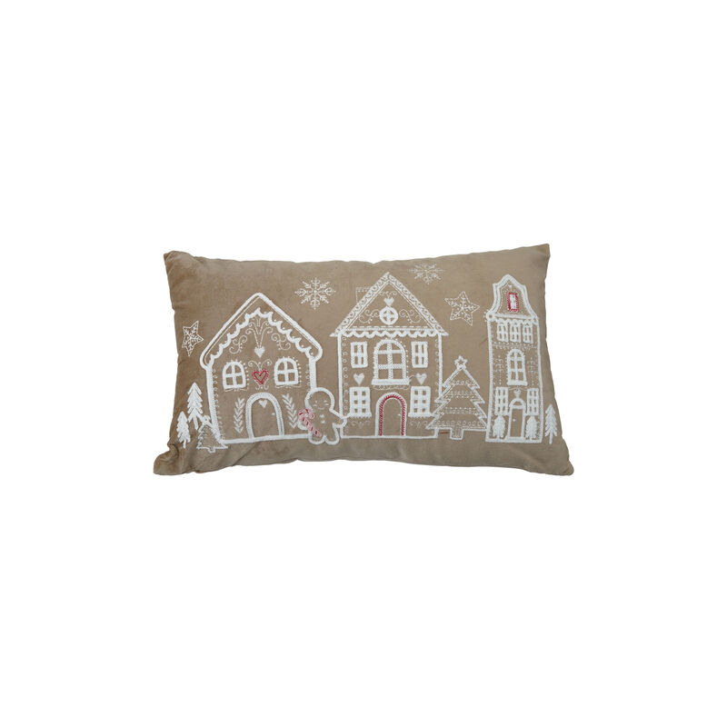 Embroidered Velvet Pillow with Gingerbread Scene, Green & White image number 0