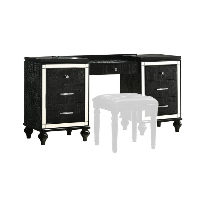 Kya 64 Inch Vanity Dresser Table with 7 Drawers, Mirrored Trim, Glam Black