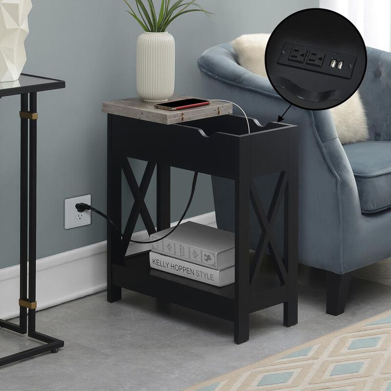 Convenience Concepts Oxford Flip Top End Table with Charging Station and Shelf, Gray