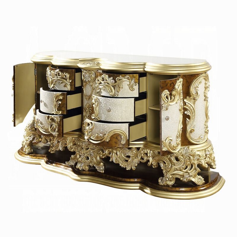 Mara Wide Dresser Chest with 6 Drawers and 2 Doors, Gold, Brown Wood - Benzara image number 2