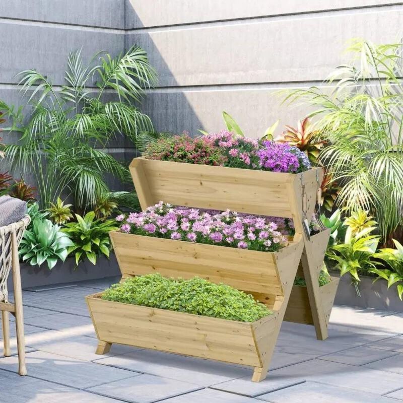 Hivvago 3-Tier Outdoor Fir Wood Elevated Planter Herb Flower Box Raised Garden Bed
