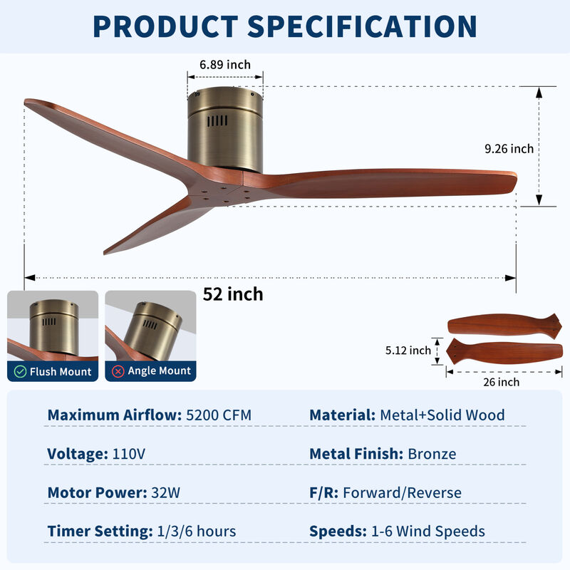 ELEMENT ACE 52 Inch Low Profile Flush Mount Ceiling Fan Reversible DC ...