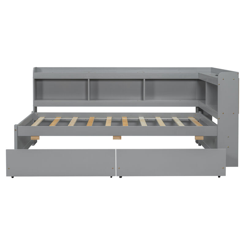 Whisen Twin Size L-shaped Bookcases Bed with Power Outlets, USB Charging Ports,Two Drawers-Grey