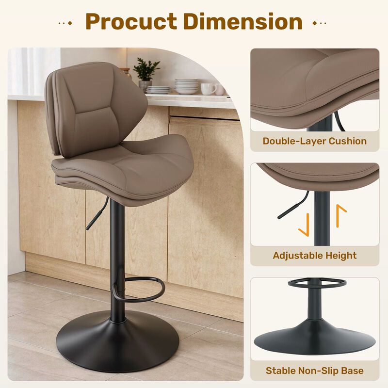 Modern Ergonomic PU Leather Bar Stools, Adjustable Counter Height Stools with Double-Layer Cushion, Steady Stainless Steel Frame Rustic Kitchen Island Chairs for Outdoor image number 4