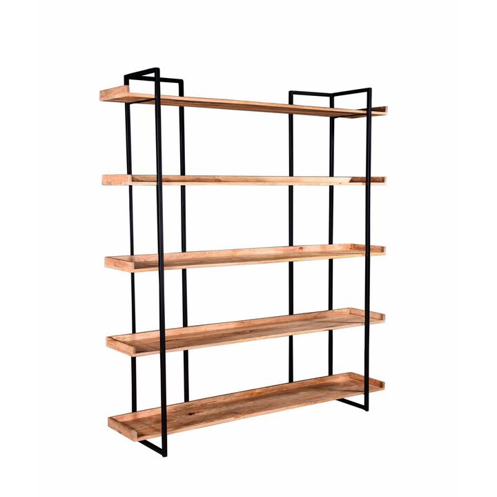 68 Inch Wide Bookshelf, Reclaimed Mango Wood Shelves, Black Metal Frame-Benzara