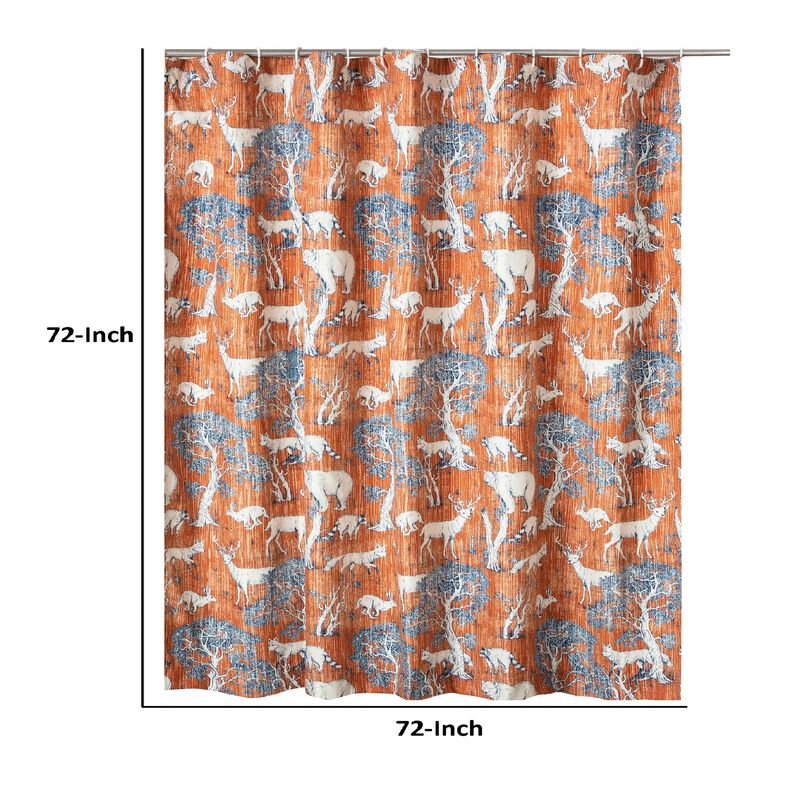Gin 72 Inch Shower Curtain, Fun Deer and Bears Print, Orange Microfiber-Benzara image number 5