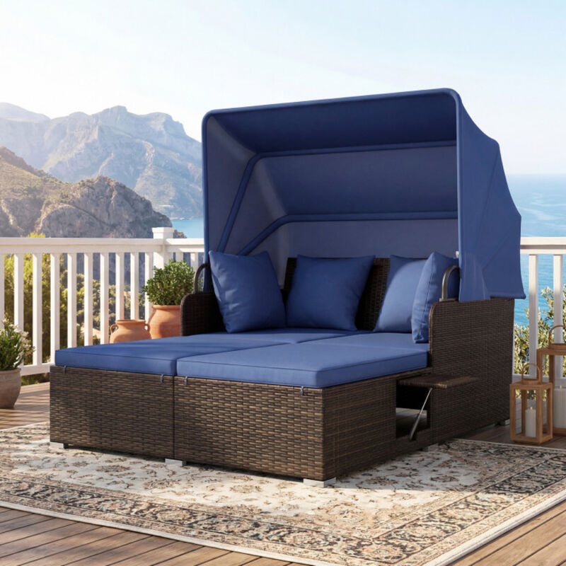 Patio Rattan Daybed with Adjustable Canopy and Built-In Side Tables image number 1
