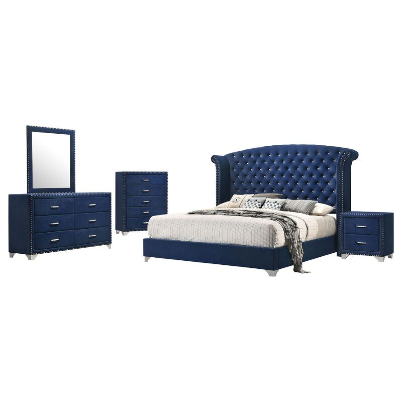 Giya 5pc King Bedroom Set, Classic Tufted Dark Blue Velvet Upholstery
