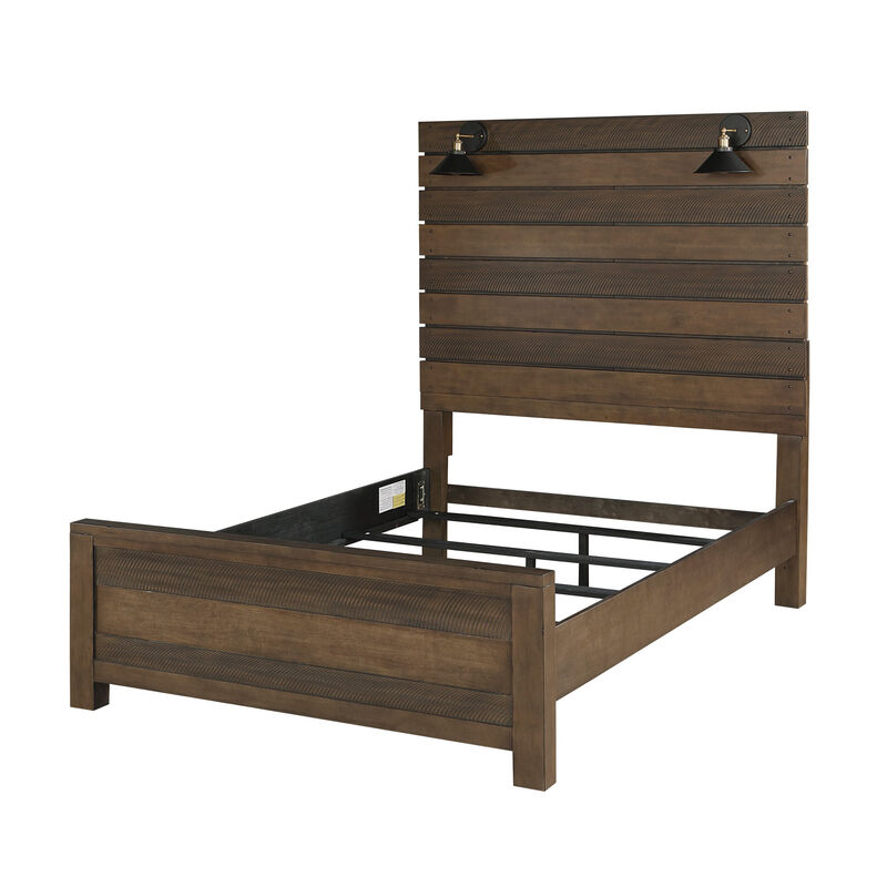 Aco Queen Size Bed, 2 Lampshades, Slatted Headboard, LED Lights, Brown - Benzara