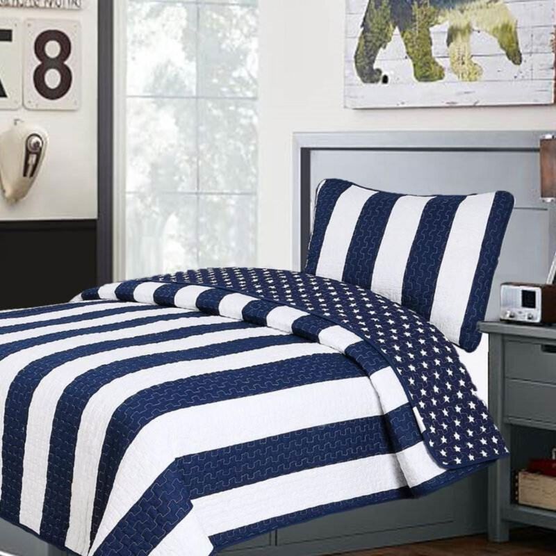 Hivvago King 3 Piece Reversible Navy White Stars Stripes 100 Percent Cotton Quilt Set