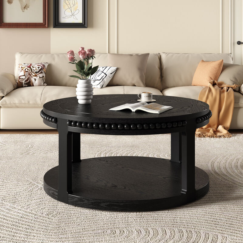 31.5" Rustic Solid Wood Round Coffee Table with 2-Tier Storage Shelf, Modern Farmhouse Accent Table for Living Room image number 1