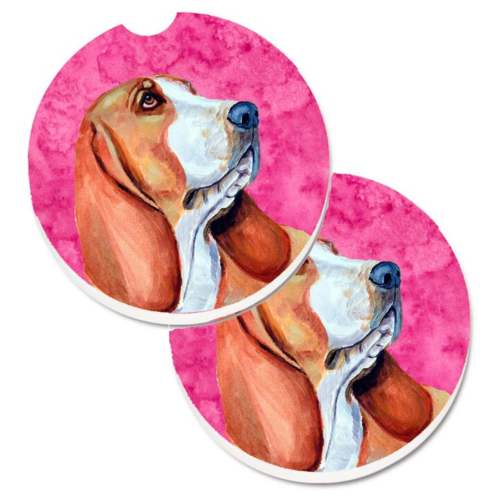 Caroline's Treasures Pink Basset Hound Set of 2 Cup Holder Car Coasters LH9377PKCARC, 2.56, Multicolor