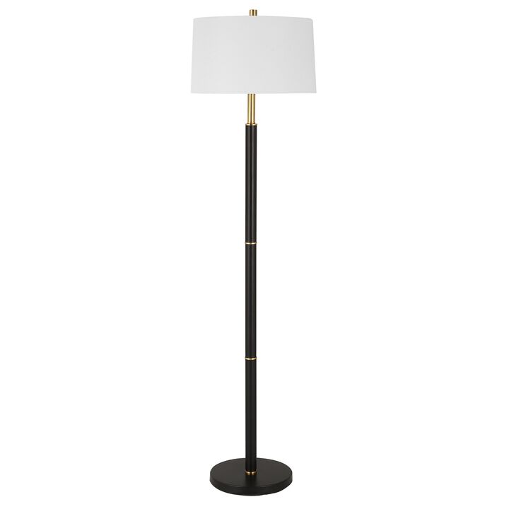 62 Inch Floor Lamp, White Tapered Hardback Shade, Black with Gold Accents - Benzara