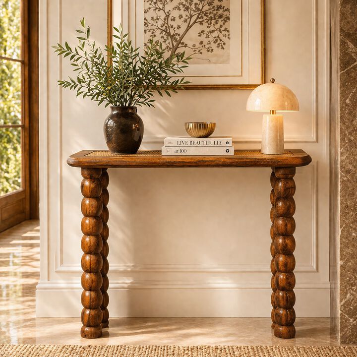 Artisan Furniture Solid Wood Spindle Rattan Console Table , Brown