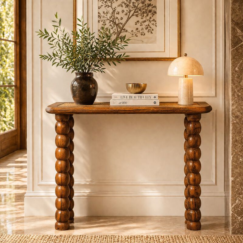 Artisan Furniture Solid Wood Spindle Rattan Console Table , Brown image number 1