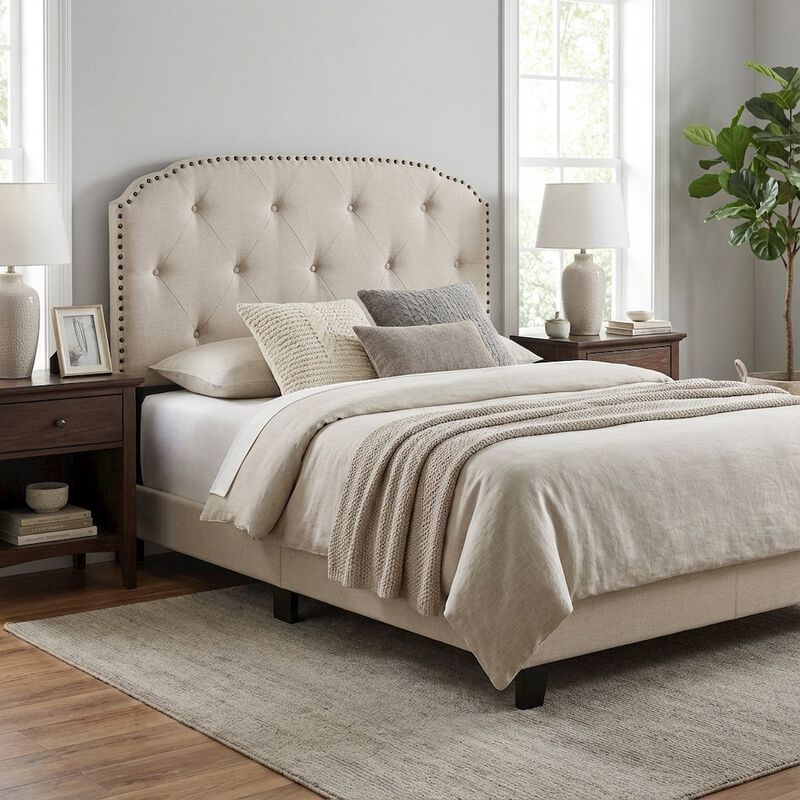 Light Gray Upholstered King Headboard, Solid Rubberwood Frame image number 2