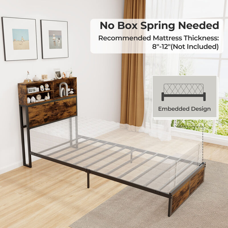 Industrial Metal Platform Bed Frame with Storage Headboard for Modern Bedrooms