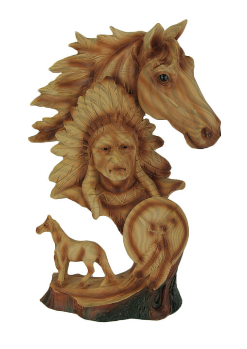 Western Horse and Native American Chief Carved Wood Look Bust Statue