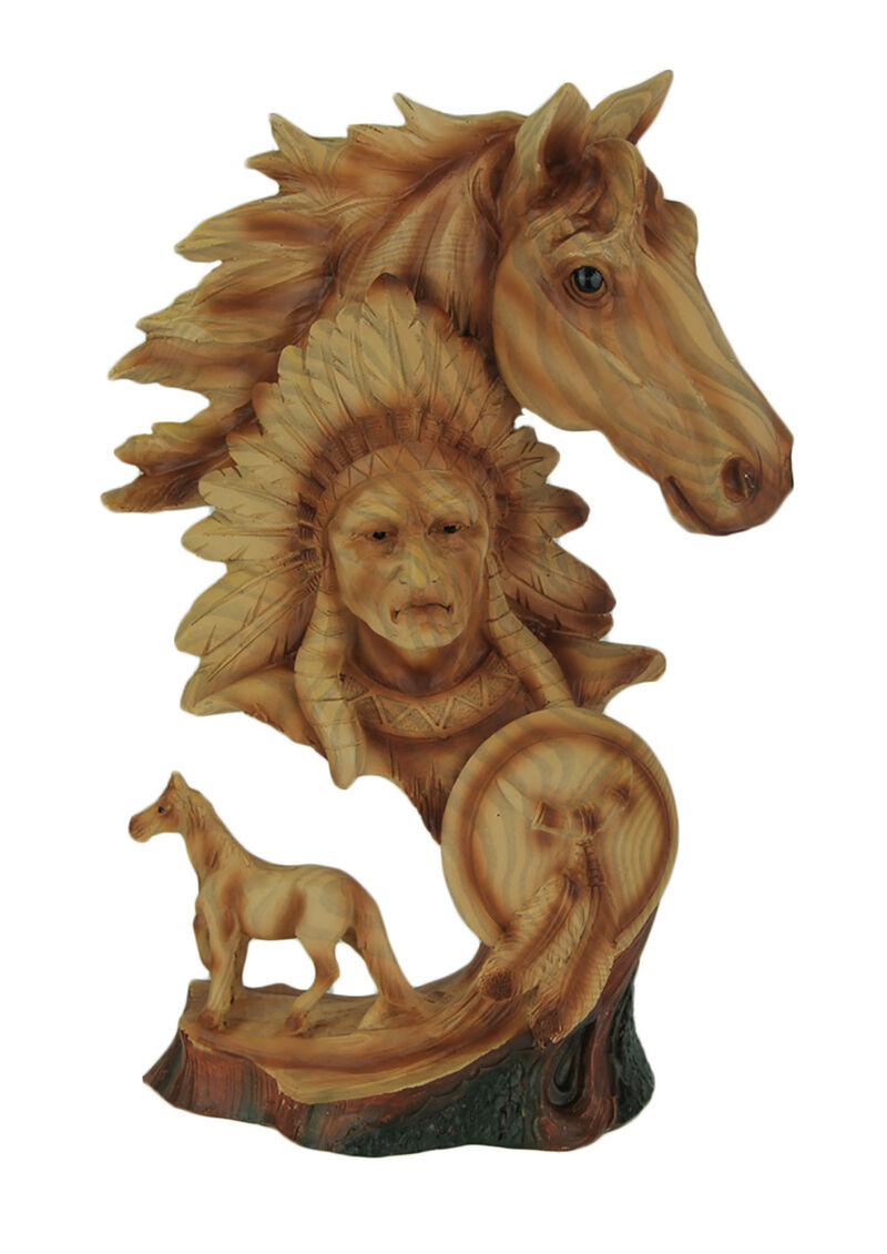 Western Horse and Native American Chief Carved Wood Look Bust Statue image number 0