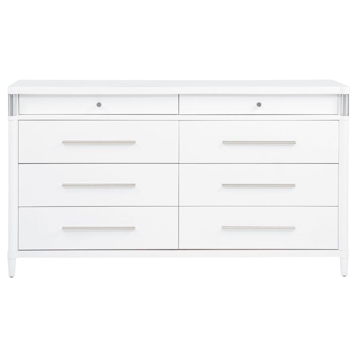 Ruvie Wide Dresser, 8 Drawers w Felt lined Jewellery Drawer, White Wood