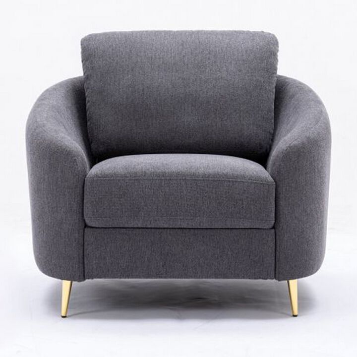 Nial 34 Inch Accent Chair, Linen Upholstery, Pine Wood, Gray and Gold