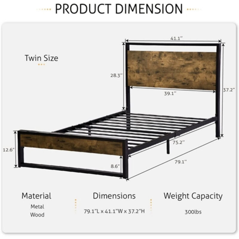 Metal Wood Platform Bed Frame with Industrial Headboard