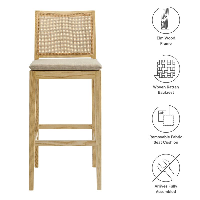 Modway Ovard Wood Bar Stool in Natural with Rattan Back &ndash; Natural Rattan Armless Bar Chair with Removable Padded Seat &ndash; Solid Wood and Fabric Bar-Height Stool image number 3