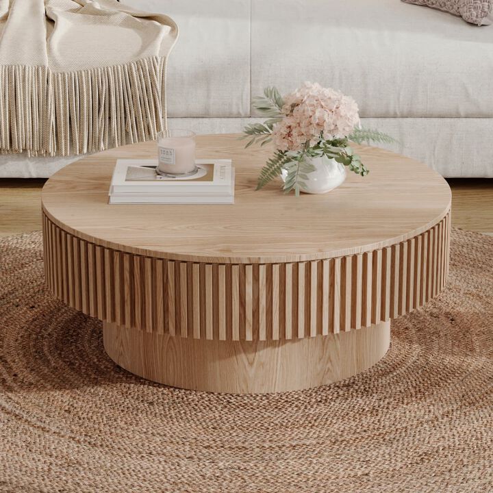 Round coffee table with storage Solid wood veneer and MDF coffee table with fluted base Modern accent coffee table for small spaces