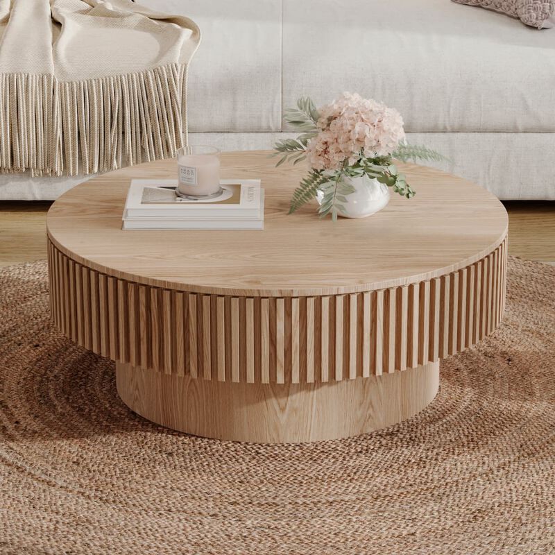 Round coffee table with storage Solid wood veneer and MDF coffee table with fluted base Modern accent coffee table for small spaces image number 1
