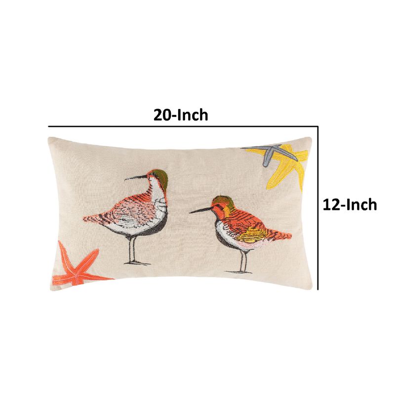 Vira 20 Inch Throw Pillow, Hand Embroidered Shorebirds, Canvas and Linen-Benzara